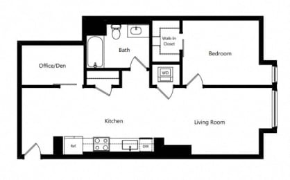 a floor plan of a living room with a bedroom and a kitchen