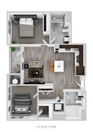 A floor plan of a small apartment with a living room, kitchen, and bedroom.