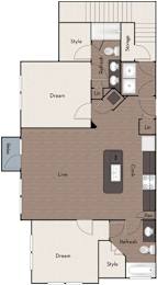 A floor plan of a kitchen with a layout that includes a refrigerator, oven, sink, and cabinets.