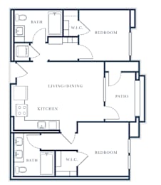 A floor plan of a house with a living room, dining room, kitchen, and two bedrooms.