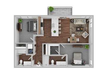 A 3D floor plan of a house with a living room, kitchen, and two bedrooms.