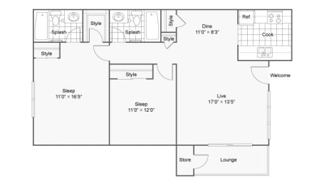 Two Bedroom B3 Floor Plan at The District