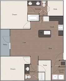 A floor plan of a house with labeled rooms such as "Dream," "Relax," "Live," "Dine," "Style," and "Laundry Room."