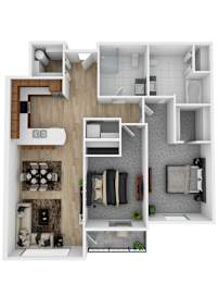A 3D floor plan of a house with a kitchen, living room, and bathroom.