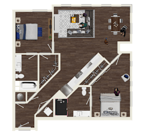 A top-down view of a house layout with a kitchen, living room, and bedrooms.