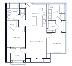 A floor plan of a house with two bedrooms, a living/dining area, a kitchen, a bathroom, a pantry, and a patio.