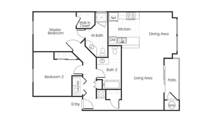 B1 floorplan two bedrooms two bathrooms at Bella Vista Apartments