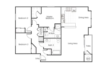 C1 floorplan three bedrooms two bathrooms at Bella Vista Apartments