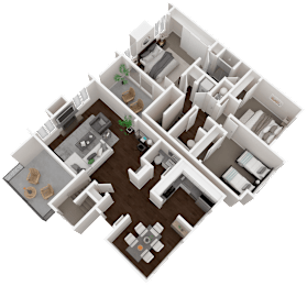 A 3D floor plan of a house with multiple rooms and furniture.