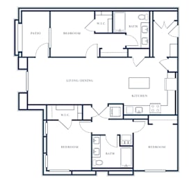 A black and white image of a house floor plan with a living/dining area, kitchen, and three bedrooms.