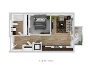 A floor plan of a small apartment with a bedroom, living room, and kitchen.
