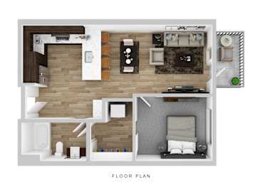 A floor plan of a small apartment with a living room, kitchen, and bathroom.
