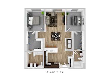 A floor plan of a house with a living room, kitchen, and two bedrooms.