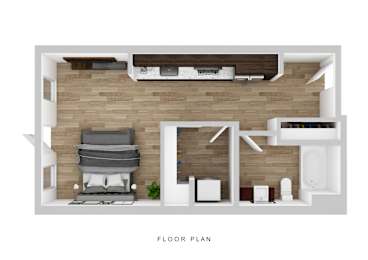 A floor plan of a room with a couch, chair, and a plant.