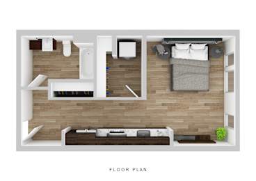 A floor plan of a small apartment with a bedroom, living room, and kitchen.