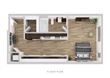 A floor plan of a room with a couch, chair, and a small table.