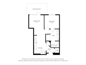 A floor plan of a small apartment with a living room, bedroom, kitchen, and bathroom.