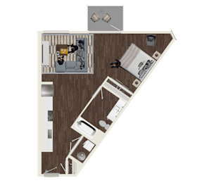 A floor plan of a house with a kitchen, living room, and two bedrooms.