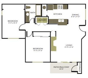 A floor plan of a home with a living room, dining room, kitchen, two bedrooms, a bathroom, and a laundry room.