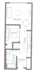 A floor plan of a house with a relax, rest, splash, and entry area.