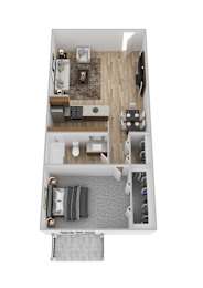 A top down view of a small apartment with a kitchen, living room, and bathroom.
