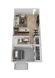 A top down view of a small apartment with a kitchen, living room, and bedroom.
