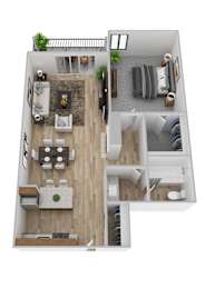 A top-down view of a modern apartment layout with a living room, dining area, kitchen, and bedrooms.