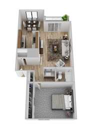 A top-down view of a modern apartment with a living room, kitchen, and bathroom.