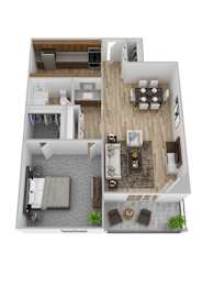 A 3D floor plan of a small apartment with a living room, kitchen, and bedroom.