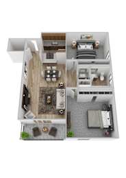 A top-down view of a modern apartment layout with a living room, kitchen, dining area, and bedrooms.