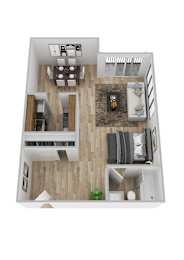 A top down view of a house interior with a living room, dining room, kitchen, and bedrooms.