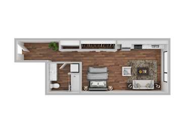 A top-down view of a small apartment with a kitchen, living room, and bathroom.