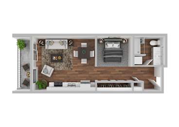 A top-down view of a modern bedroom with a bed, nightstand, and a desk with a chair.