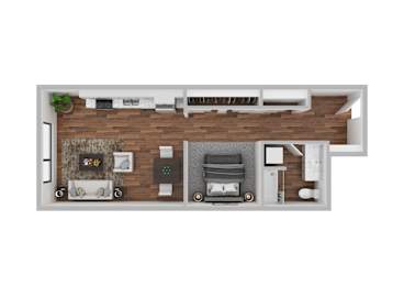 A floor plan of a room with a bed, desk, and kitchenette.