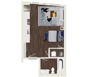 A floor plan of a small apartment with a kitchen, living room, and bathroom.
