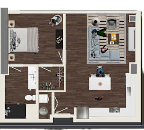 A floor plan of a house with a kitchen, living room, and bathroom.