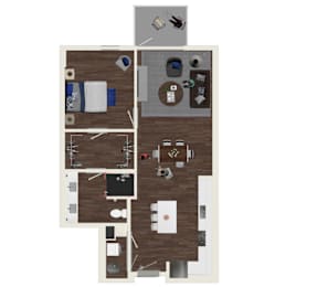 A floor plan of a house with a kitchen, living room, and two bedrooms.