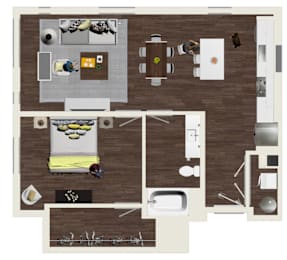 A floor plan of a house with a kitchen, living room, dining room, and bathroom.