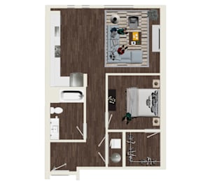 A floor plan of a small apartment with a kitchen, living room, and bathroom.