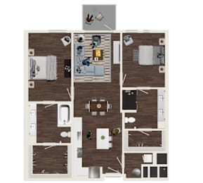 A top-down view of a floor plan showing a living room, kitchen, and bedrooms.