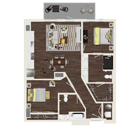 A floor plan of a house with a kitchen, living room, and two bedrooms.