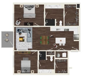 A floor plan of a house with a kitchen, living room, and two bedrooms.