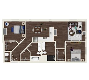 A floor plan of a house with a kitchen, living room, and two bedrooms.