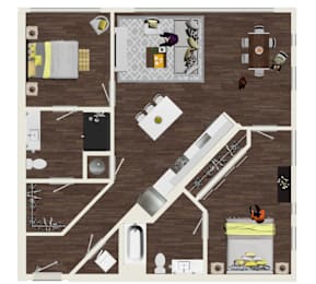 A floor plan of a house with a kitchen, living room, and bathroom.
