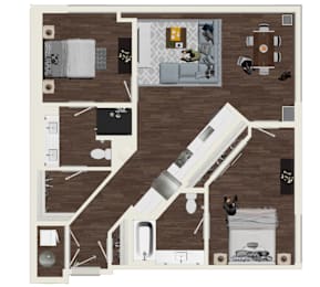 A top-down view of a house layout with a kitchen, living room, and bathroom.