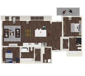A floor plan of a house with a kitchen, living room, and two bedrooms.