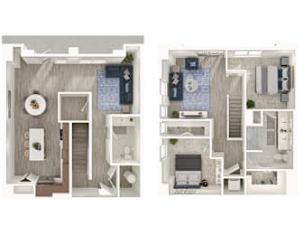 A floor plan of a two-story house with a living room, kitchen, dining room, and bedrooms.