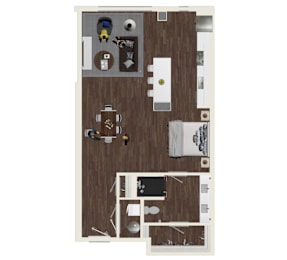 A floor plan of a room with a kitchen, living room, and bathroom.