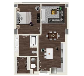 A floor plan of a house with a kitchen, living room, dining room, and bathroom.