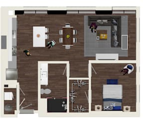 A top-down view of a kitchen with people in it.